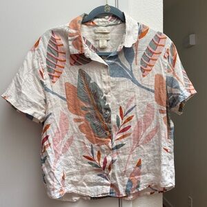 Cynthia Rowley Linen Pastel Rainbow Leaf Print Button Shirt M